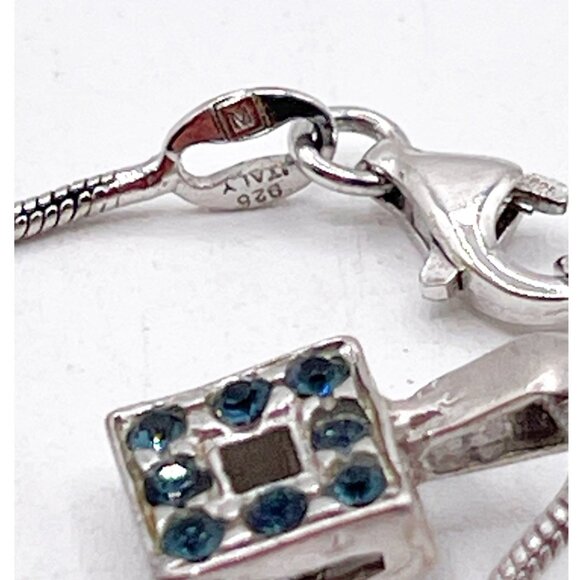 Vintage Sterling Silver 925 Italy Dainty Blue Crystal Square Pendant Necklace - Picture 5 of 9